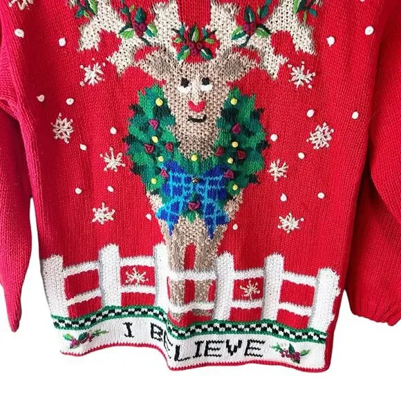Vintage Christmas Sweater Reindeer I‎ Believe ugly Sz S - Picture 4 of 7